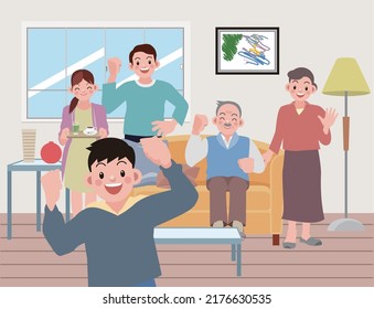 A family comes together in the living room of the house for a good time.vector illustration