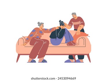 Family comfort scene. Vector illustration of elderly couple comforting adult child on a couch, expressing support and love.