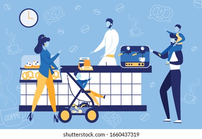 Family Coming to Coffee Shop or Bakery Flat Cartoon Vector Illustration. Man Holding Son on Shoulders and Ordering Hot Drink. Woman Going with Pram to Buy Pastry or Coffee. Barista at Counter.