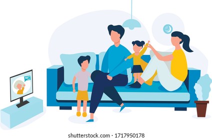 The family communicate via Skype with their grandmother. Grandma and grandkids talk online. A conversation on the Internet. Dad, mom, Daughter and son are sitting on the couch. Technologies.Vector.