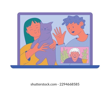 The family communicates via video link. Communication online. A young family shows a cat and a baby to their grandmother. Connection of generations.