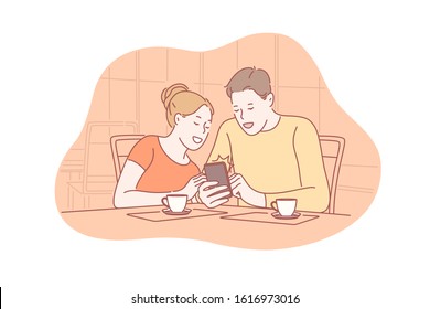 Family, communication, addiction, social media concept. Young couple is sitting cafe and communicate in social media. Family people addicted to technology even when drinking coffee. Simple flat vector