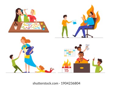 Family Communication Problems. Parental Burnout Concept. Scenes With Exhausted, Tired, Unhappy Parents And Kids Seeking Attention. Set Of Flat Cartoon Vector Illustrations Isolated On White Background