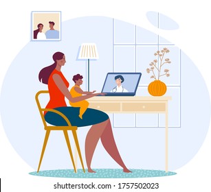 Family communication together online video chat, mother children talk with doctor remote dialogue isolated on white, cartoon vector illustration. Modern internet medicine, male children therapist.