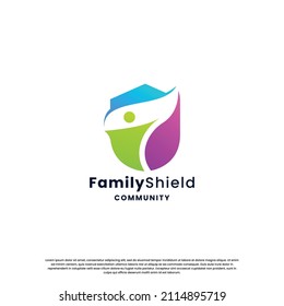 family community shield logo design inspiration. abstract human and shield combination.