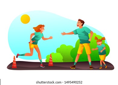Family competition event vector illustration. Excited parents participate in relay race with little daughter. Cartoon mother passing baton to father. Practicing healthy lifestyle, outdoor activities