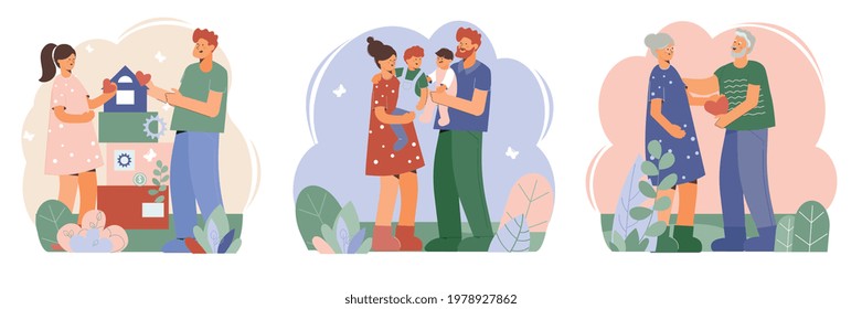 Family compositions set with flat doodle style characters of loving couple parents their kids and grandparents vector illustration