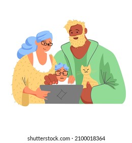 family at the computer. family support of the child. online communication. interview. vector