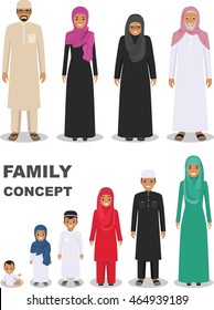 Family concept. Arab person generations at different ages. Muslim people father mother, son, daughter, grandmother and grandfather standing together in traditional islamic clothes. Vector illustration