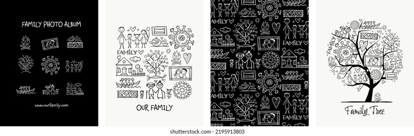 Family concept art collection. Frame, background, tree, icons. Set for your design project - cards, banners, poster, web, print, social media, promotional materials. Vector illustration