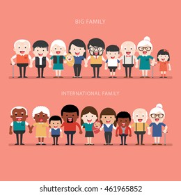 Family concept. Big happy Family and international family. Parents with Children. Father, Mother, Children, Grandfather, Grandmother, Siblings, Wife, Husband, Uncle, Aunt