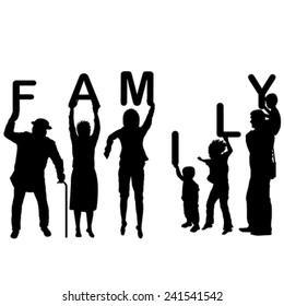 Family concept with children and parents holding letters of the word Family