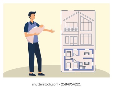 Family concept.  Father holding a baby, showing off a house with a detailed floor plan.  Flat vector modern illustration 