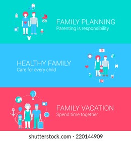 Family concept flat icons set of planning parenting health care child vacation and vector web banners illustration print materials website click infographics elements collection