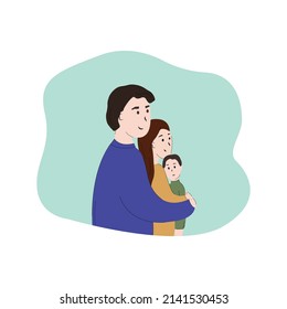 Family concept flat style, vector illustration isolated on white background. Parents and kid embracing each other. Mom and dad hug your child, loving family