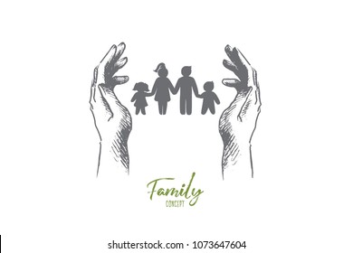 Family concept. Hand drawn silhouette of family mother father and children. Happy family concept poster isolated vector illustration.