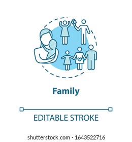 Family Concept Icon. Loving Relationship. Father And Mother With Children. Couple Planning For Children Idea Thin Line Illustration. Vector Isolated Outline RGB Color Drawing. Editable Stroke