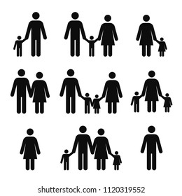 Family Concept Icons. Mother, Father, Son And Daughter Pictograms. People Stick Figure Symbols. Adult Couple With Children. Single Man And Woman. Vector