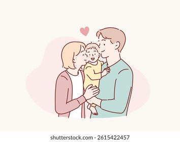 Family concept. Mother and father with child together. Father holding kid.Hand drawn style vector design illustrations.