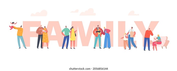 Family Concept. Parents Characters with Newborn and Toddler Baby on Hands, Father and Mother Care of Child, Maternity, Fatherhood, Parenting Poster, Banner or Flyer. Cartoon People Vector Illustration