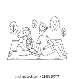 Family Concept. Parents And Their Daughter Spending Time Together Outside On The Picnic. Hand Drawn Flat Outline Vector Illustration.