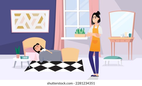 Family concept with people scene in the background cartoon style. Mother came to the room to wake up her daughter in the morning. Vector illustration.