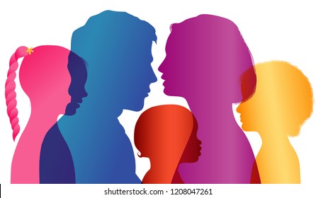 Family Concept. Profiles With Mom - Dad - Little Boy - Girl. Colored Silhouette. Multiple Exposure. Vector