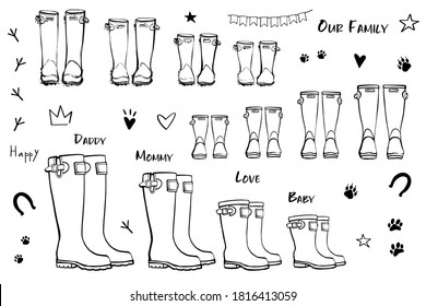 Family concept with rain rubber boots. Black and white line art wellies collection. Rubber boots autumn fall concept. Vector linear illustration. Decoration family card on white background.