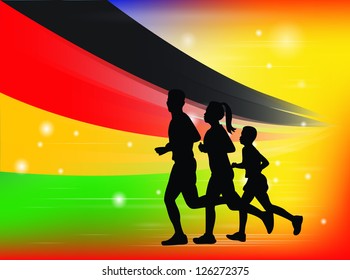 Family concept : Family running exercise and flag.