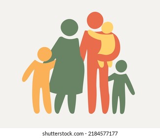 Concepto familiar. Silhouettes. Icono de la familia feliz multicolor en figuras simples. Tres niños, papá y madre embarazada se unen. El vector se puede utilizar como logotipo.