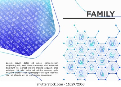 Family concept with thin line icons: mother, father, newborn, son, daughter, lesbian, gay, single mother and child, grandmother, grandfather. Modern vector illustration, print media template.