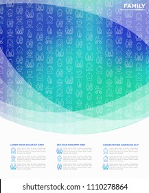 Family concept with thin line icons: mother, father, newborn, son, daughter, lesbian, gay, single mother and child, grandmother, grandfather. Vector illustration, print media template.