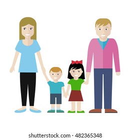 Family concept vector in flat design. Parents with children holding hands. Smiling boy and girl with father and mother standing together. Couple with son and daughter illustration. Isolated on white.