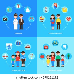 Family Concept, Wedding, Family Planning, Family Vacation And Healthy Family. Isolated Vector Illustration