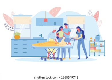 Family Concerned about Elderly Relative or Grandparent Hospitalization. People Cartoon Characters - Visitors, Medical Staff and Patient in Hospital Reception Interior. Flat Vector Illustration.