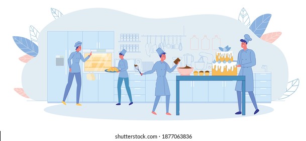 Family Confectionery, Cake and Pastry Production. Parents and Children Prepare Cake Pastry Shop. Girl Carries Croissants on Tray. Guy Preparing Chocolate Cream for Muffins. Father Decorates Cake.