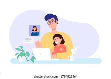 Family Conference. Father And Daughter Making Video Call To Mother At Home