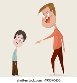 Family conflict. Aggressive man threats and shouts on oppressed boy in anger. Emotional concept of aggression, tyranny and despotism. Negative emotions. Cartoon characters. Vector illustration