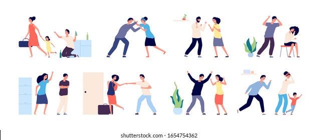 Family conflict. Angry, unhappy people. Couple divorce or quarrel, husband and wife domestic violence. Scolding abuse vector illustration