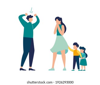 Family conflict. Angry, unhappy people. Divorce or quarrel of a couple, domestic violence between husband and wife. Scold abuse, frightened children, vector illustration 