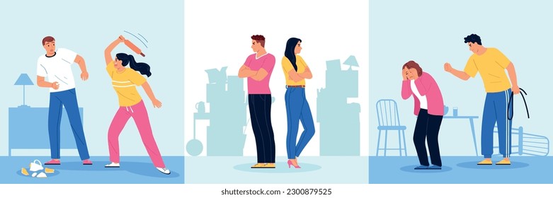 Family conflict composition set with confrontation symbols flat isolated vector illustration