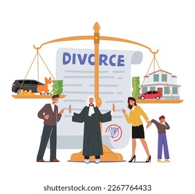 Family Conflict Concept with Husband, Wife and Kid Characters at Huge Scales in Law Judge Courthouse During Court Hearing. Divorce, Child Custody or Alimony Concept. Cartoon People Vector Illustration svg