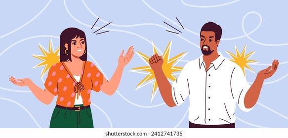 Family conflict concept. Man and woman scream to each other. Aggression and mental abuse. Quarrel in couple. Angry young girl and guy. Conflict in pair. Cartoon flat vector illustration