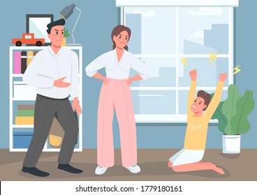 Ilustración vectorial de color plano de conflicto familiar. Padre y madre regañan a hijo. Berrinche. Padres con un niño disgustado. Familiares enojados personajes de caricatura en 2D con interiores en segundo plano