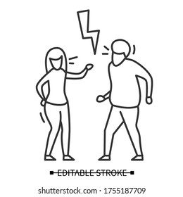 Family conflict icon. Wife and husband having argument under strike linear picogram. Marriage crisis and relationship issue concept. Editable stroke vector illustration or web and counseing