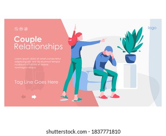 Family conflict landing page template. Couple quarreling, husband shouting at wife. Relationship breakup, divorce concept flat vector illustration