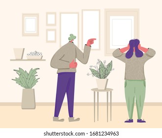 Family conflict. Pair during quarrel at home. Bad relationship between friends. Scared person putting his hands over his ears and man yelling and pointing finger. Vector flat color illustration.