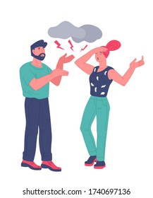 Family conflict and problems in marriage concept with arguing and quarreling couple cartoon characters. Divorce situation and family crisis. Flat vector illustration isolated on white.