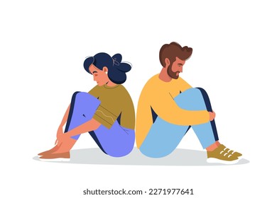 Family conflict or relationship problems with married couples. Sad man and woman sit back to back. Couple divorce, break up, quarrel and fight. Friends quarrel and misunderstand vector illustration
