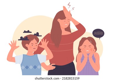 Conflicto familiar, relación y problemas con niños traviesos. Caricatura agotada madre triste y niños traviesos con mal comportamiento ilustración plana vectorial. Trabajo duro de padres, concepto de niñera